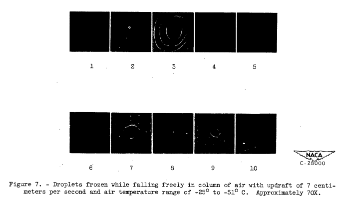 Figure 7. Droplets frozen while falling freely in column of air with updraft of 7 centimeters
per second and air temperature range of -25° to -51° C. Approximately 70X.