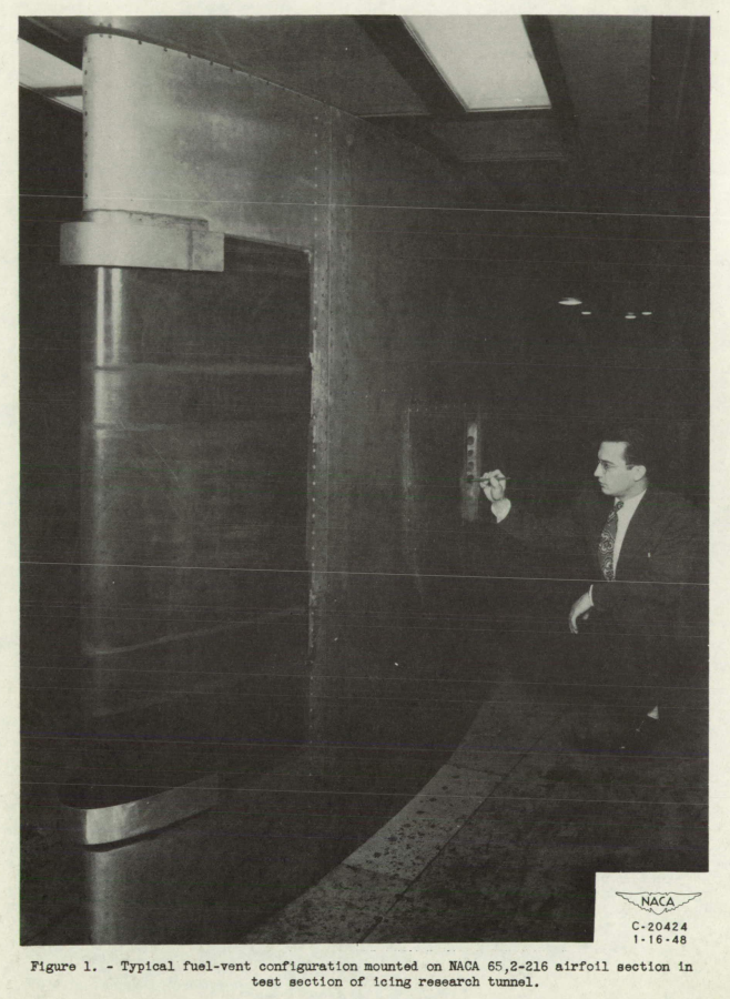 Figure 1. Typical fuel-vent configuration mounted on NACA 65,2-216 airfoil section in
test section of icing research tunnel.