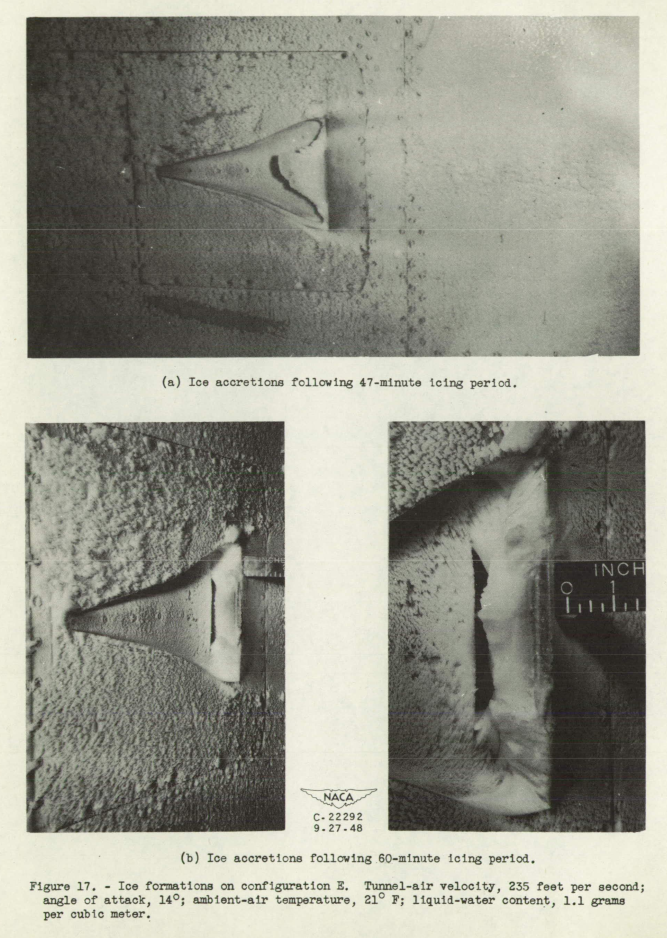 Figure 17. Ice formations on configuration E.
Tunnel-air velocity, 235 feet per second:
angle of attack, 14 degree; ambient-air temperature, 21 F;
liquid-water content, 1.1 grams per cubic meter.