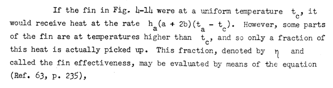If the fin in Figure 4-14 were at a uniform temperature t_c, it
would receive heat at the rate h_a*(a+2*b)*(t_a-t_c). However, some parts
of the fin are at temperatures higher than t_c, and so only a fraction of
this heat is actually picked up. This fraction, denoted by eta and
called fin effectiveness, may be evaluated by means of the equation
(Ref. 63, p. 235).