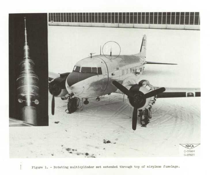 A photo of airplane with a multicylinder instrument protruding up from the top of the fuseloge, Figure 1 of NACA-RM-E53D23